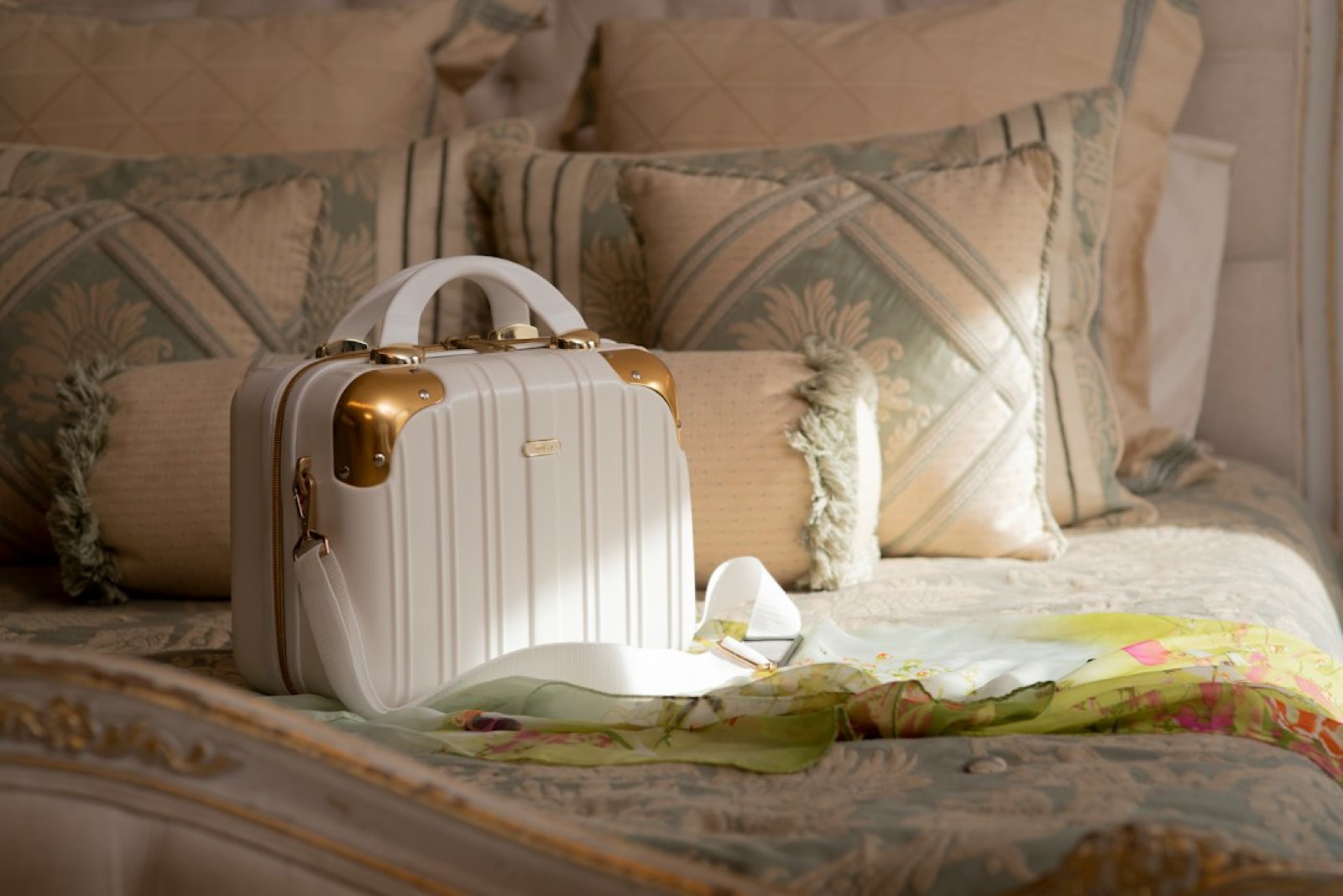 chambre temporaire préparée avec une valise posée au sol
